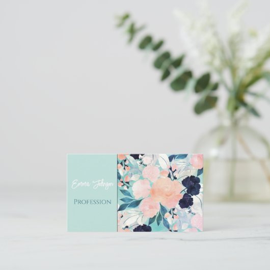 Elegant Blau Rosa Minze Blume Wasserfarben Visitenkarte (Stehend Vorderseite)