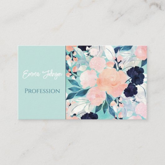Elegant Blau Rosa Minze Blume Wasserfarben Visitenkarte (Vorderseite)
