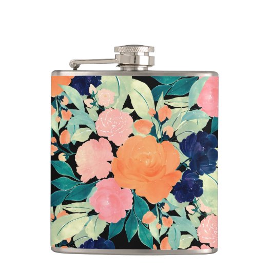 Elegant Blau Rosa Orange Blume Schwarzes Blau Flachmann (Vorderseite)