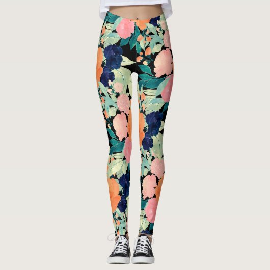 Elegant Blau Rosa Orange Blume Schwarzes Blau Leggings (Vorderseite)