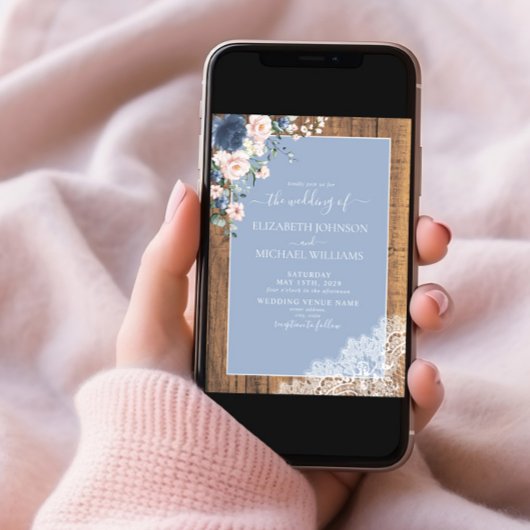 Elegant, blau, rot, rustikal, holzige Hochzeit Einladung