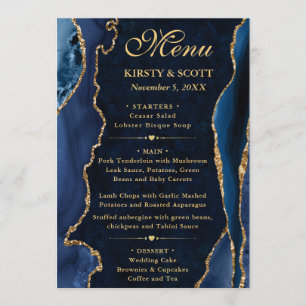 Elegant Blau und Gold Faux Glitter Achat Hochzeit Menükarte
