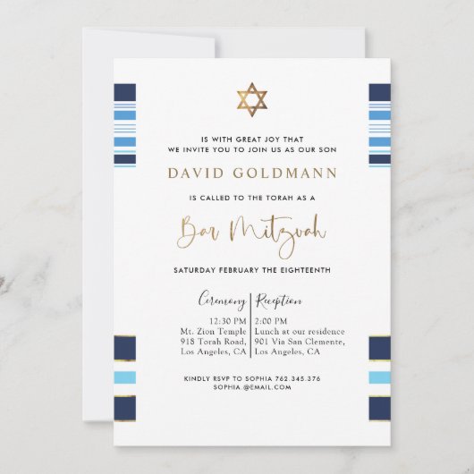 Elegant Blau und Gold gestreift Tallit Bar Mitzvah Einladung (Vorderseite)