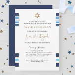 Elegant Blau und Gold gestreift Tallit Bar Mitzvah Einladung<br><div class="desc">Mit diesem eleganten Bar Mitzvah-Angebot laden Sie Freunde und Familie ein, mit einem blauen, marinösen, weiß und goldgestreiftem Tallit-Design! Die Möglichkeit, Ihre Zeremonie und Empfang, Mittag, Abendessen oder Party Details hinzuzufügen! Goldstreifen, Bar Mitzvah Phrase und Stern von David in Imitaten Goldfolie. Moderne handgeschriebene Kalligrafiedetails. Stilvoll in marineblau mit dem Namen...</div>