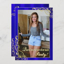 Elegant Blau und Gold Ihr Foto Quinceañera Einladung