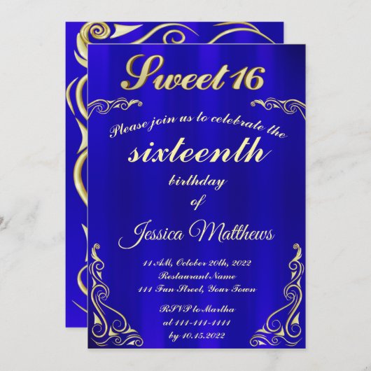 Elegant Blau und Gold Typografie Sweet 16 Einladung (Vorne/Hinten)