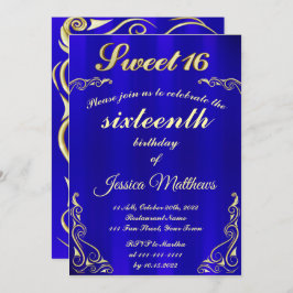 Elegant Blau und Gold Typografie Sweet 16 Einladung