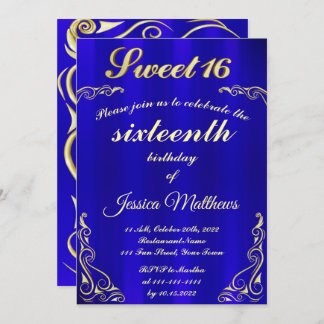 Elegant Blau und Gold Typografie Sweet 16 Einladung