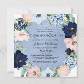 Elegant Blau und Rosa Quinceñera, Blumen Einladung (Vorderseite)