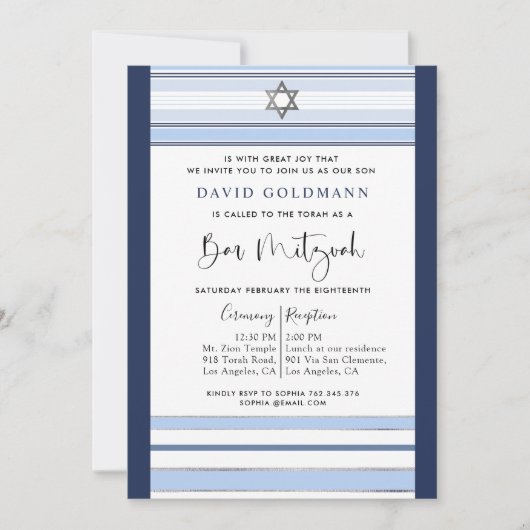 Elegant Blau und Weiß Streifen Tallit Bar Mitzvah Einladung (Vorderseite)