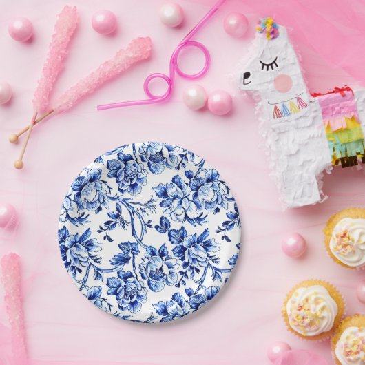 Elegant Blau und Weiß Toile Pappteller (Party)