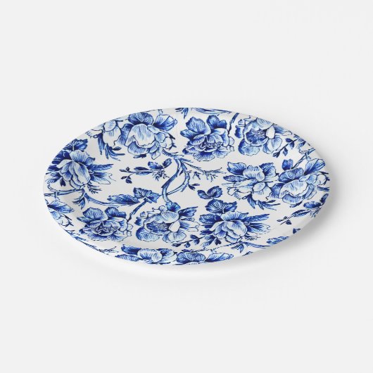 Elegant Blau und Weiß Toile Pappteller (Schrägansicht)