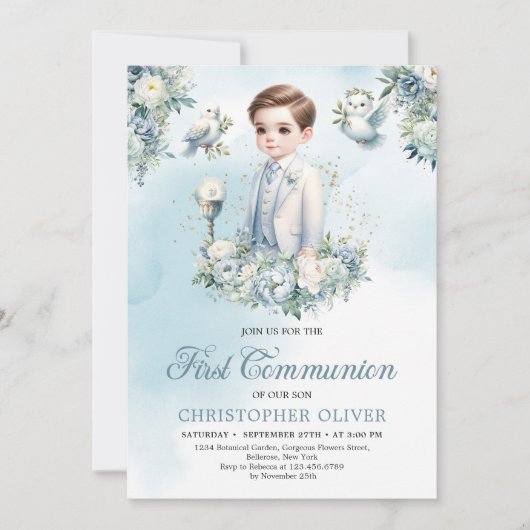Elegant-blaue Blume Salbei Erste Kommunion Einladung (Vorderseite)