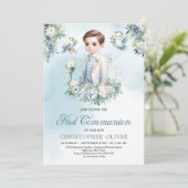 Elegant-blaue Blume Salbei Erste Kommunion Einladung (Stehend Vorderseite)