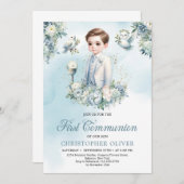 Elegant-blaue Blume Salbei Erste Kommunion Einladung (Vorne/Hinten)