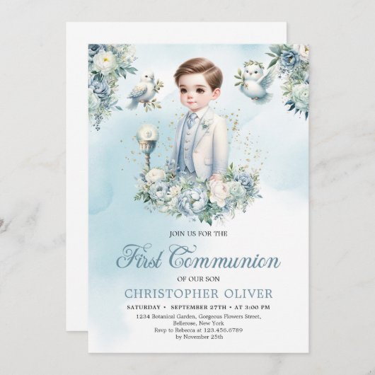 Elegant-blaue Blume Salbei Erste Kommunion Einladung (Vorne/Hinten)