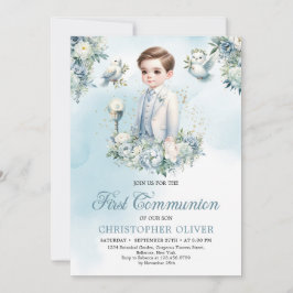 Elegant-blaue Blume Salbei Erste Kommunion Einladung