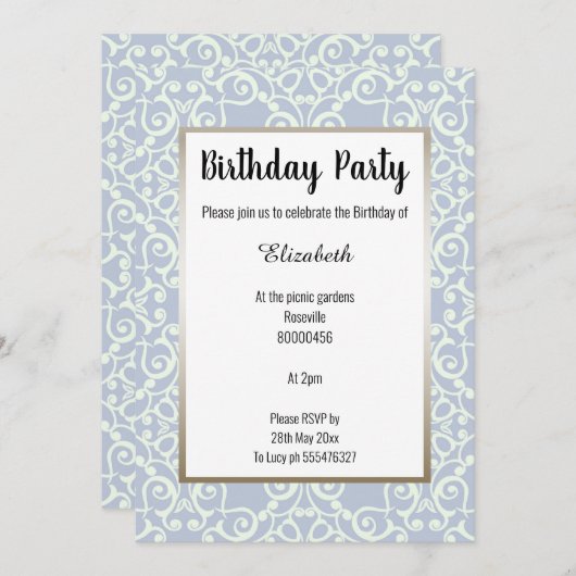 ELEGANT BLAUE BRONZE PATTERN GEBURTSTAG EINLADUNG (Vorne/Hinten)