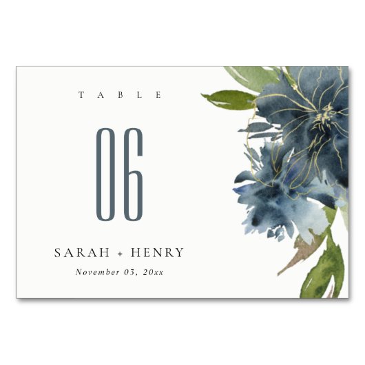 ELEGANT BLAUE GREEN GOLD FLORAL WATERCOLOR WEDD TISCHNUMMER (Vorderseite)