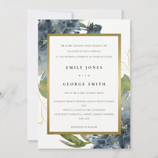 ELEGANT BLAUE GREEN GOLD FLORAL WEDING INVITE DANKESKARTE (Vorderseite)