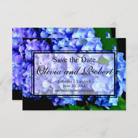 Elegant blaue lila Blumenhydrangeas Save The Date (Vorne/Hinten)