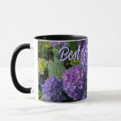 Elegant blaue lila magenta Blume Beste Mama je Tasse (Links)