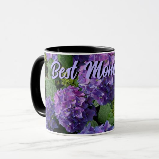 Elegant blaue lila magenta Blume Beste Mama je Tasse (Vorderseite Links)