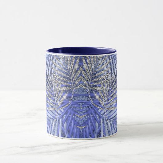 Elegant blaue lila-Silber-Glitzer-Blätter Monogram Tasse (Zentrum)
