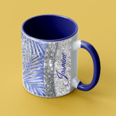 Elegant blaue lila-Silber-Glitzer-Blätter Monogram Tasse