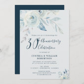 Elegant blauer Blumen 30. Hochzeitstag Einladung (Vorne/Hinten)
