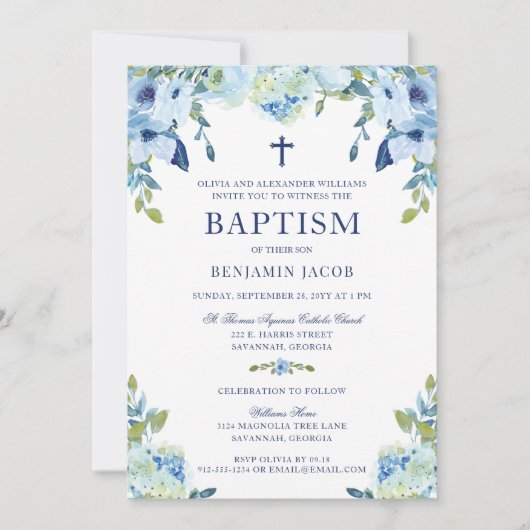 Elegant blauer Blütenblümchen mit Foto Taufe Einladung (Vorderseite)