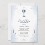 Elegant Blauer Katholischer Junge Erste Heilige Ko Einladung (Vorderseite)