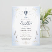 Elegant Blauer Katholischer Junge Erste Heilige Ko Einladung (Stehend Vorderseite)