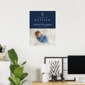 Elegant Blauer Religiöser Cross Boy Taufe Willkomm Poster (Heimbüro)