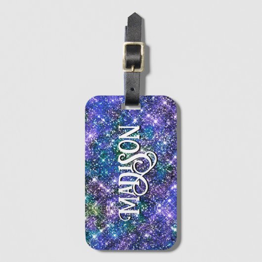 Elegant blaugrüne Imitate Glitzer Monogramm Gepäck Gepäckanhänger (Vorderseite Vertikal)