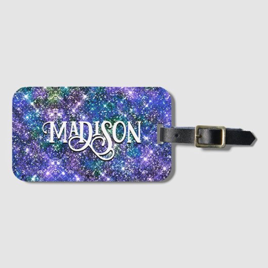 Elegant blaugrüne Imitate Glitzer Monogramm Gepäck Gepäckanhänger (Vorderseite (Horizontal))