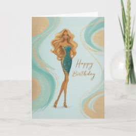 Elegant Blonde in Teal Gold Glam Gown Birthday Karte