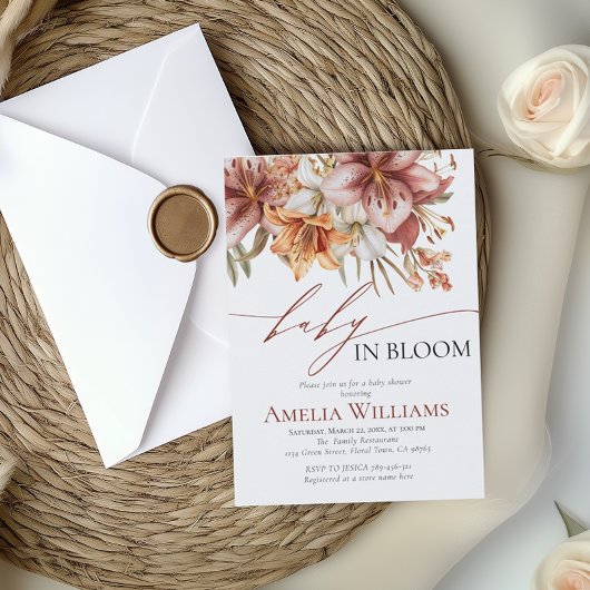 Elegant Bloom Boho Orange White Lily Baby Shower Einladung