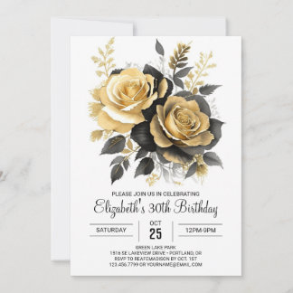 Elegant Bloom Gold und Black 30. Geburtstag Einladung