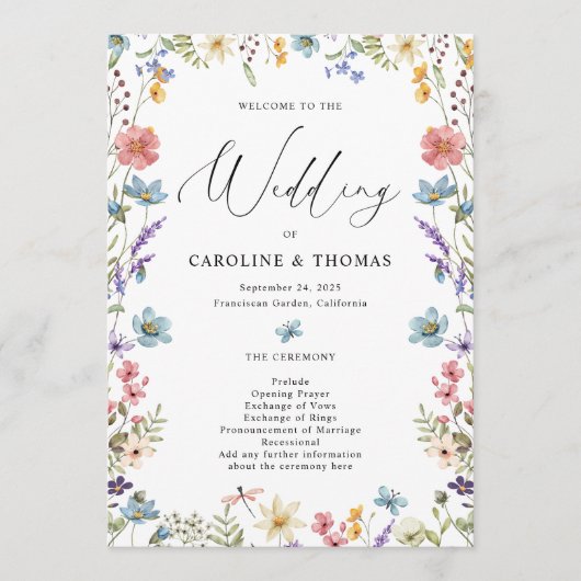 Elegant Bloom Wildblume Script Wedding Programm (Vorderseite)