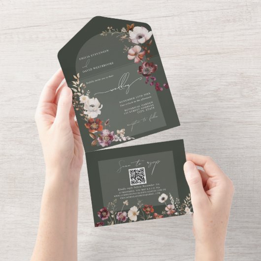 Elegant Blooms Green All in One Wedite Einladung (Abreißen)