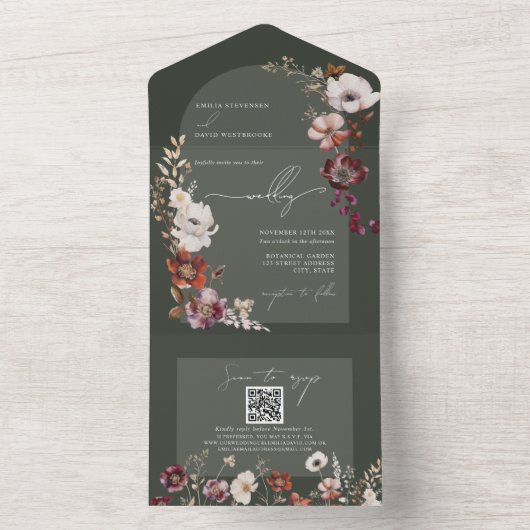 Elegant Blooms Green All in One Wedite Einladung (Innen Boden)