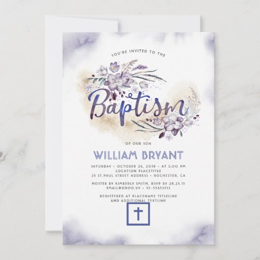 Elegant Bloral Navy Blue Boy Taufe Einladung (Vorderseite)