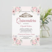 Elegant Bloral Rosa Quinceanera Einladung (Stehend Vorderseite)