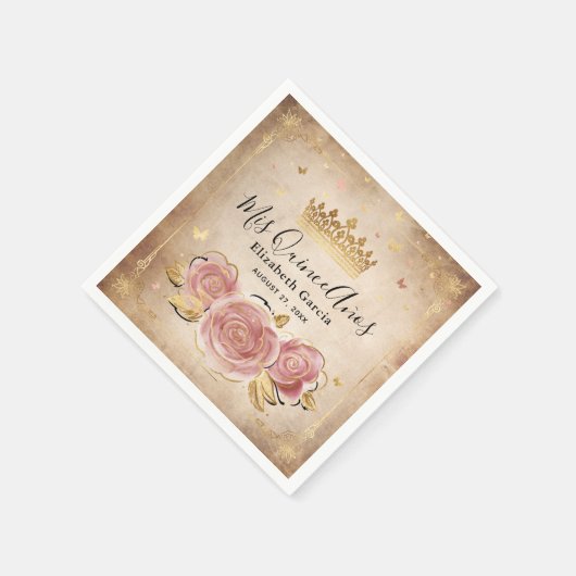 Elegant Bloral Rosa Rose Gold Quinceanera Serviette (Ecke)