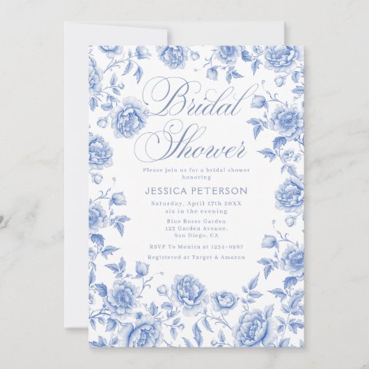 Elegant Blu Floral Chinoiserie Brautparty Einladung (Vorderseite)