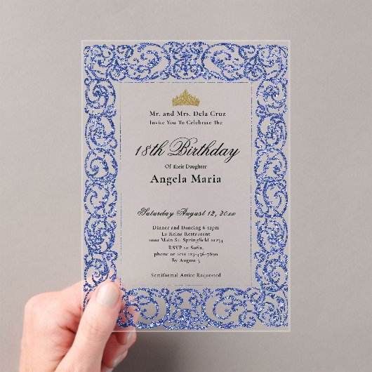 Elegant Blue 18th Birthday Debut Acryleinladungen (Insitu (Handheld))