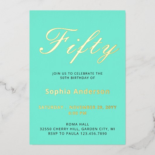 Elegant Blue 50 th Birthday Foil Einladung (Vorderseite)