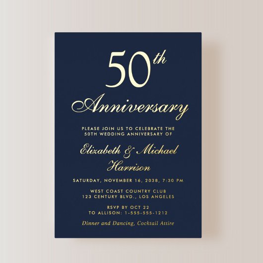 Elegant Blue 50 th Wedding Anniversary Gold Folieneinladung