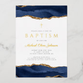 Elegant Blue Agate Boy Taufe Gold Folieneinladung (Vorderseite)